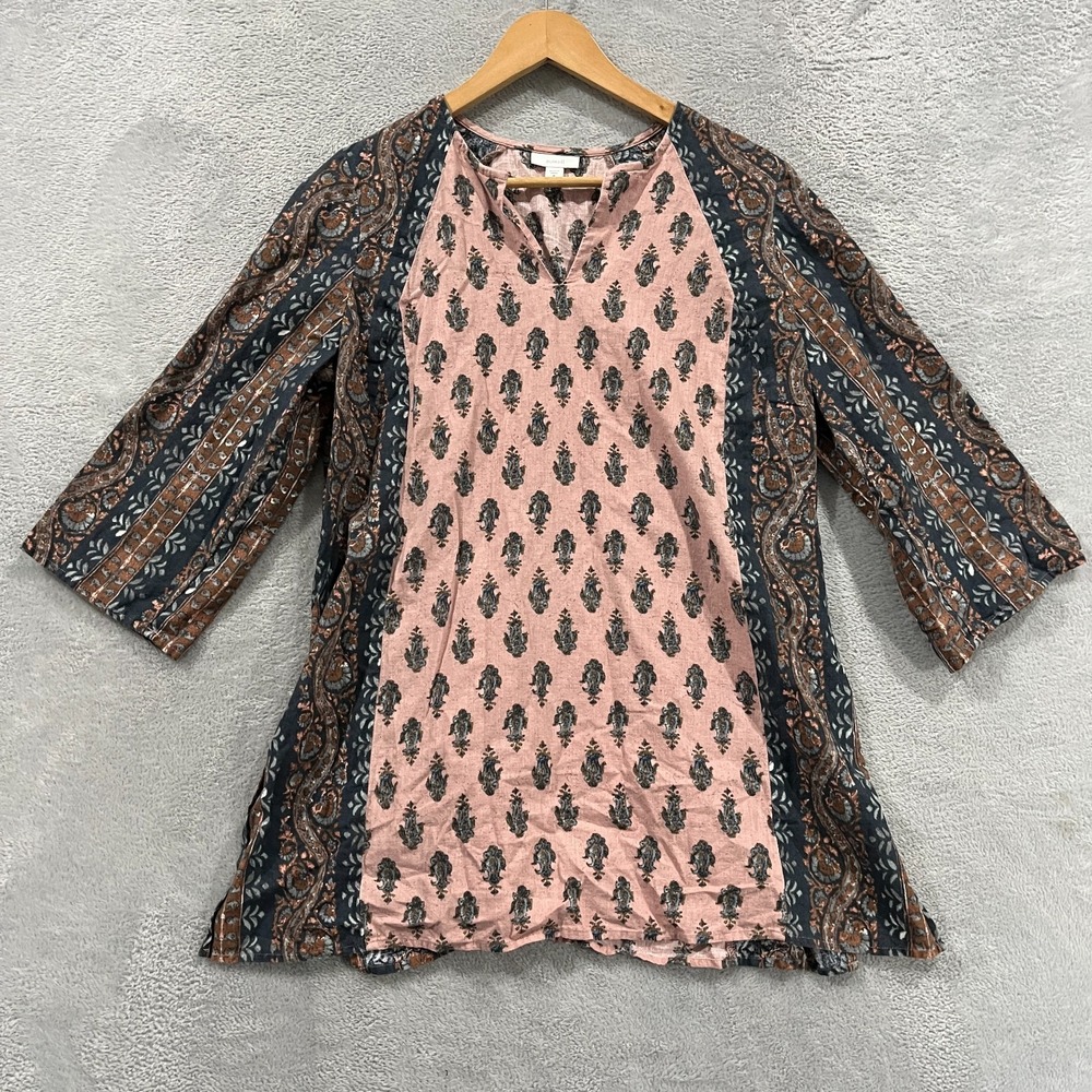 Pure Jill Peasant Tunic Shirt Womens Petites M Paisley Block Print‎ Split V-Neck